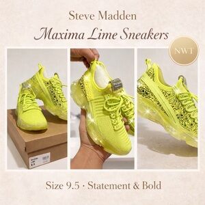 Steve Madden Maxima Lime Rhinestone Sneakers Sz 9.5 NWT Bold Statement Neon